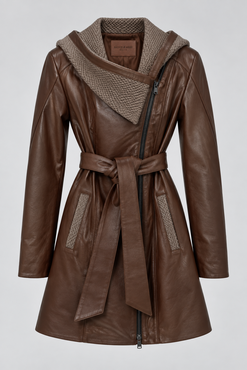 Kadın Kahverengi Örgü Kapüşon Detaylı Kemerli Hakiki Deri Kaban