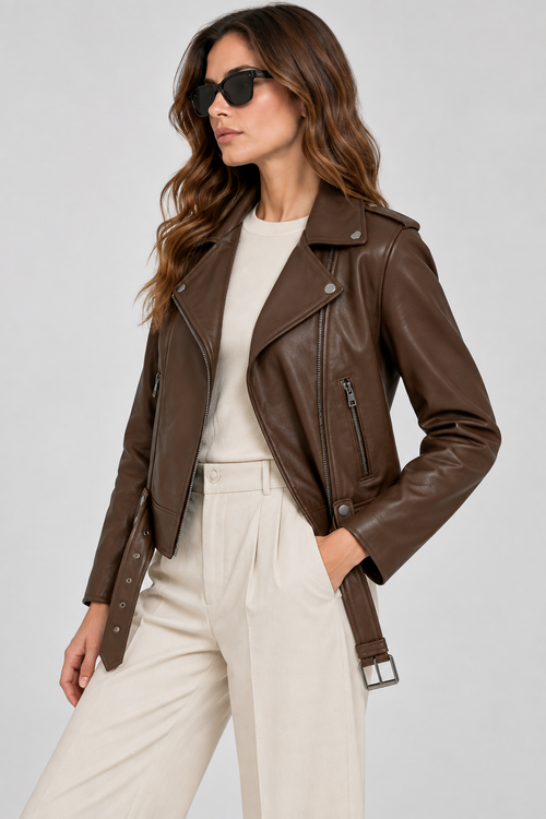 Basics & More Kadın Biker Hakiki Deri Viski Ceket Kemerli Fermuarlı Belden Oturtmalı Model