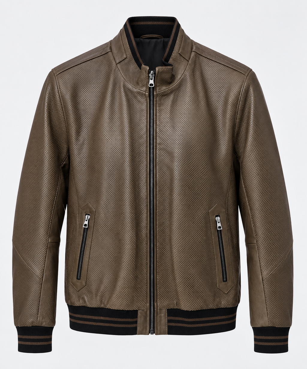 Basics&More Erkek Gerçek Deri Bomber Kahverengi Ceket Dik Yaka Fermuarlı