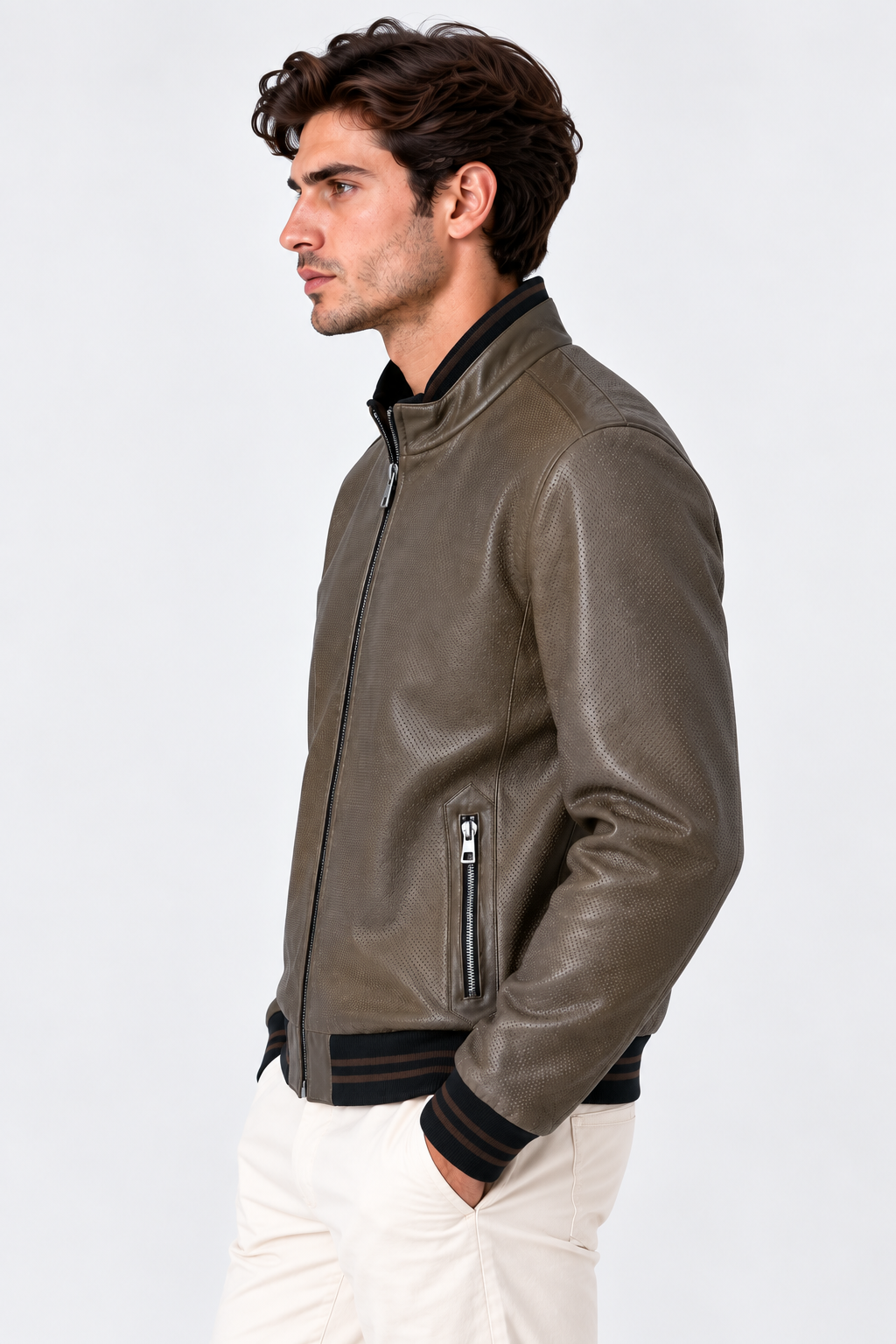 Basics&More Erkek Gerçek Deri Bomber Kahverengi Ceket Dik Yaka Fermuarlı