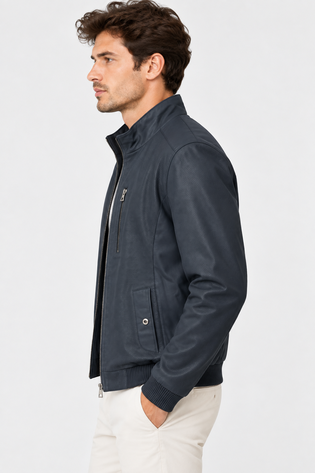 Basics&More Erkek Çift Taraflı Deri Ceket Lacivert & Yeşil Reversible Fermuarlı Mont