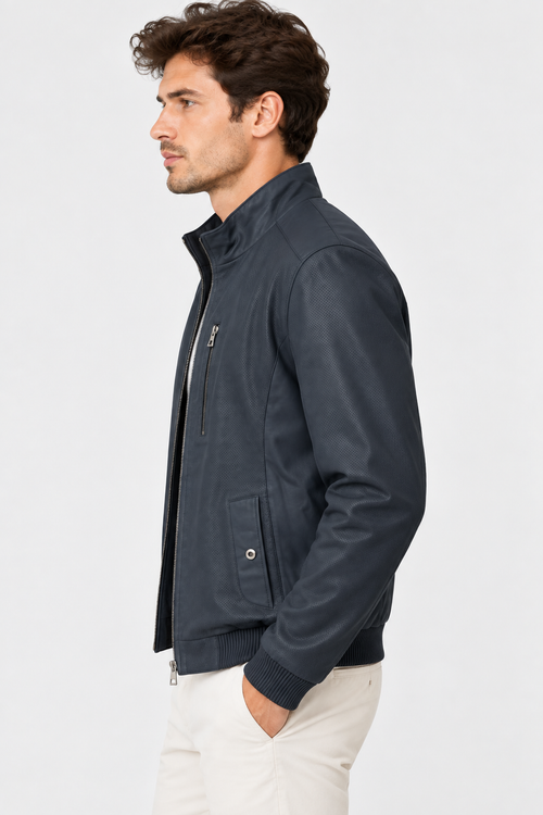 Basics&More Erkek Çift Taraflı Deri Ceket Lacivert & Yeşil Reversible Fermuarlı Mont