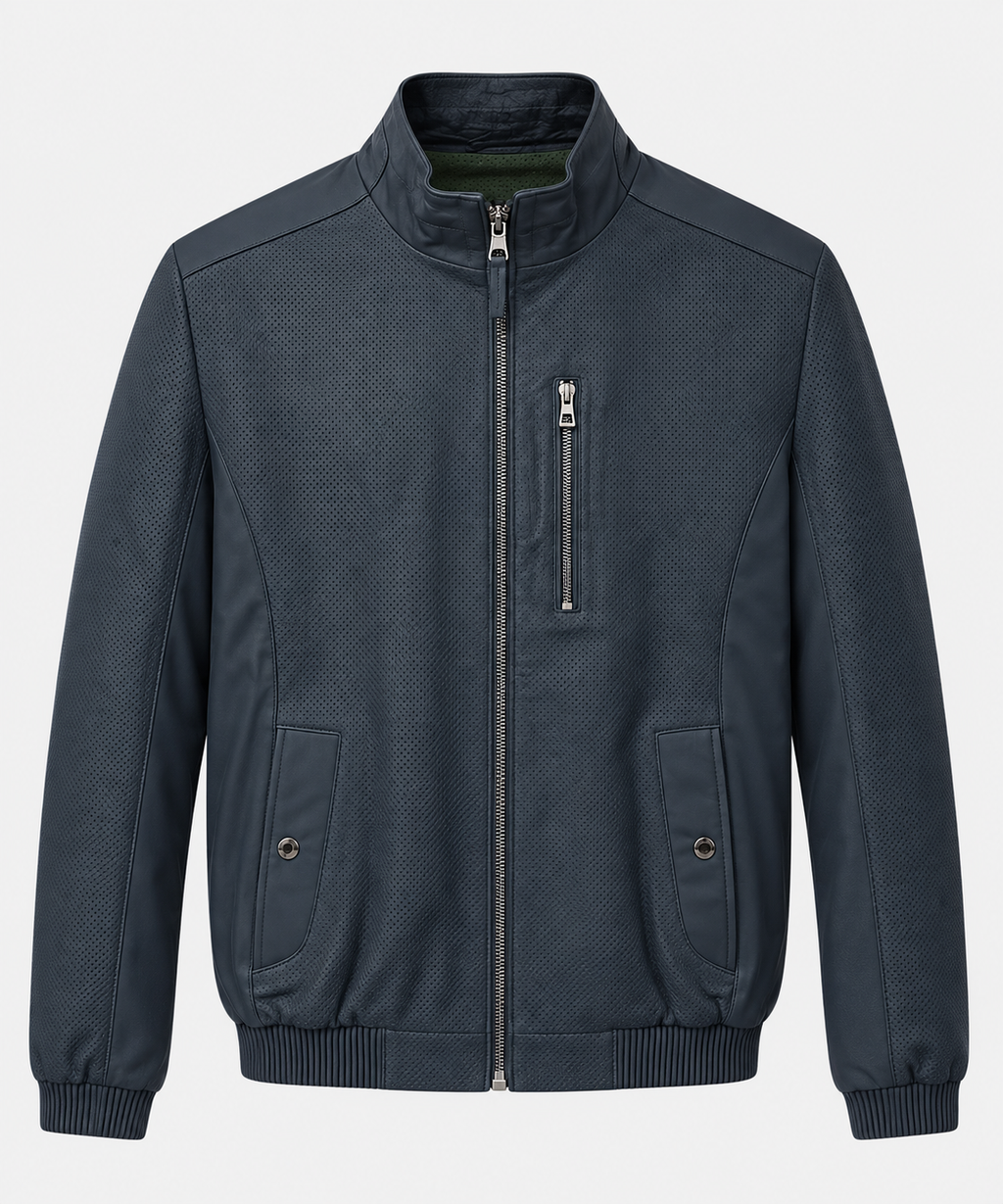 Basics&More Erkek Çift Taraflı Deri Ceket Lacivert & Yeşil Reversible Fermuarlı Mont