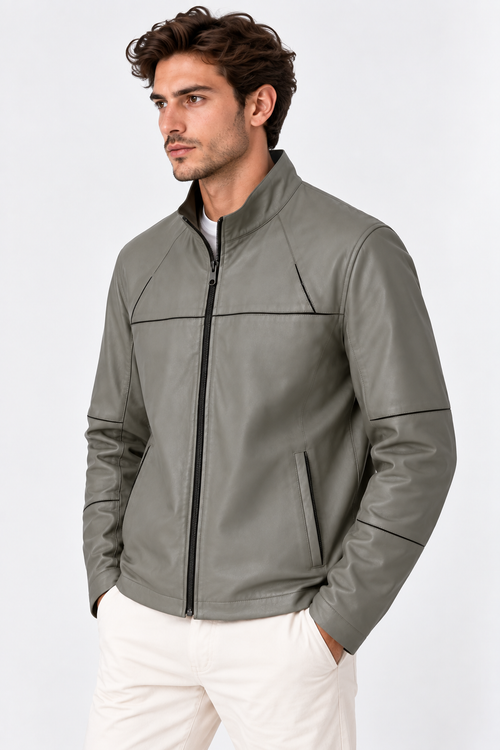 Basics&More Erkek Çift Taraflı Deri Ceket Vizon & Yeşil Reversible Fermuarlı Mont
