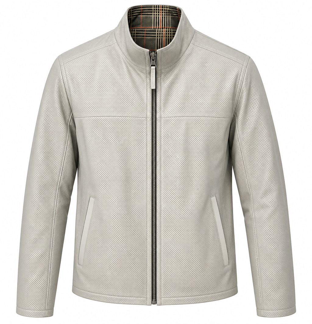 Basics&More Erkek Çift Taraflı Deri Ceket Bej & Ekose Reversible Fermuarlı Mont