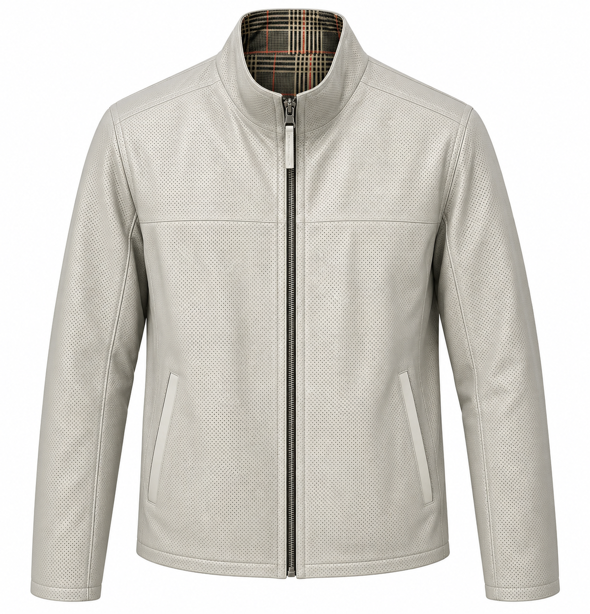 Basics&More Erkek Çift Taraflı Deri Ceket Bej & Ekose Reversible Fermuarlı Mont