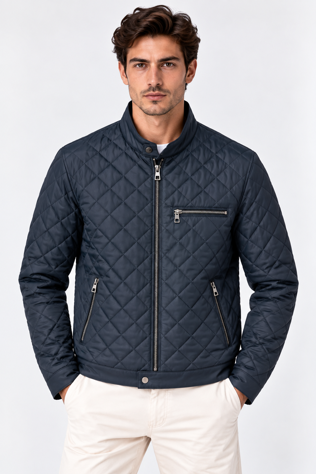 Men's Quilted Genuine Leather Jacket Navy Blue