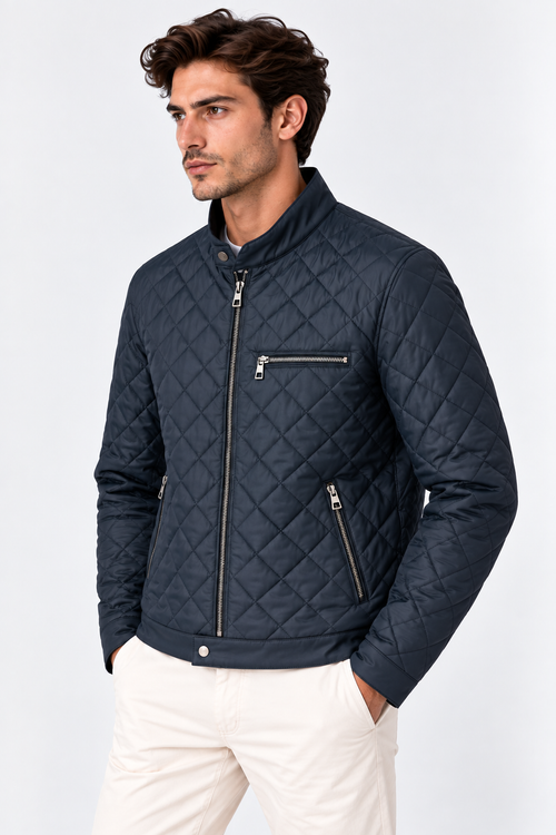 Men's Quilted Genuine Leather Jacket Navy Blue