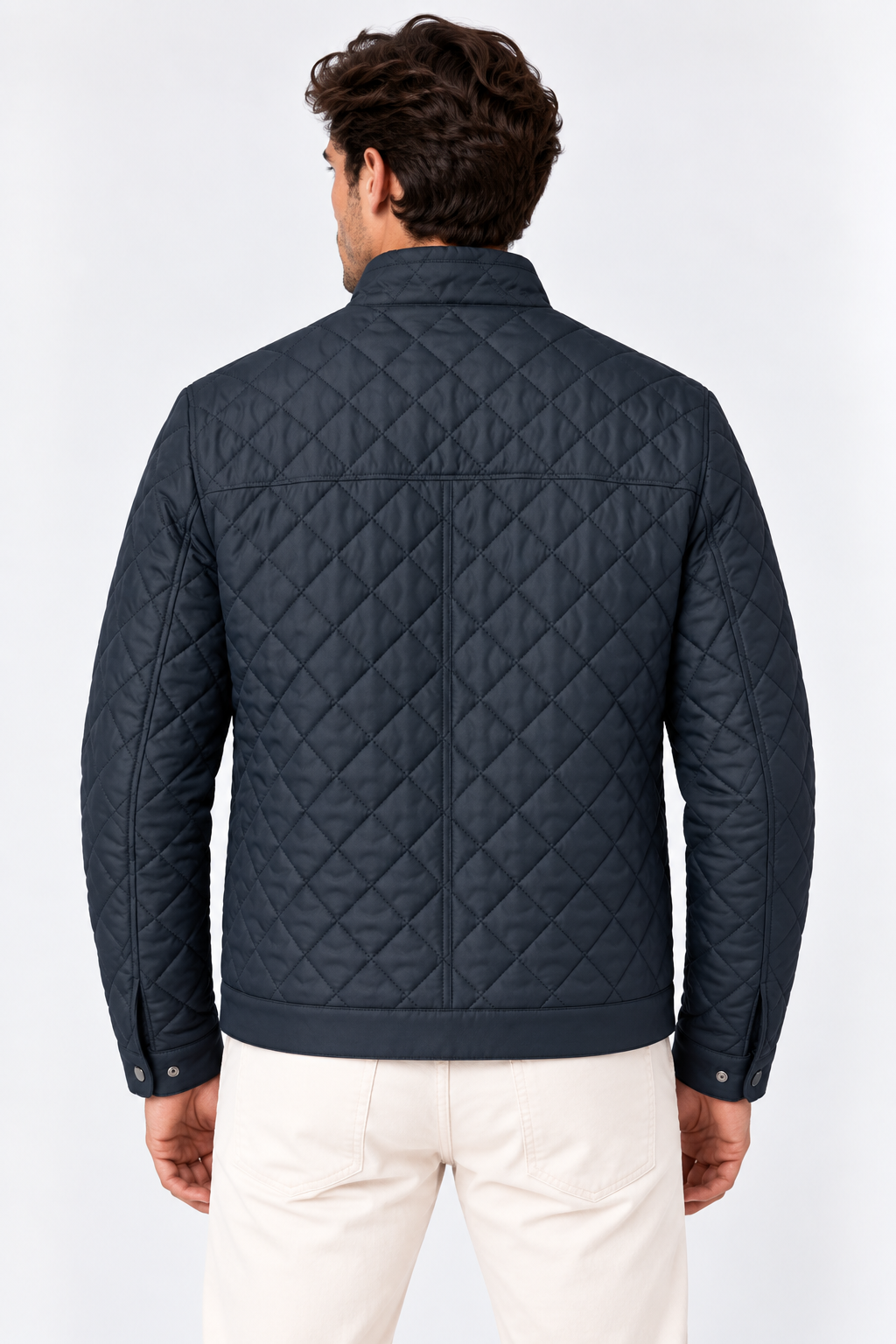 Men's Quilted Genuine Leather Jacket Navy Blue