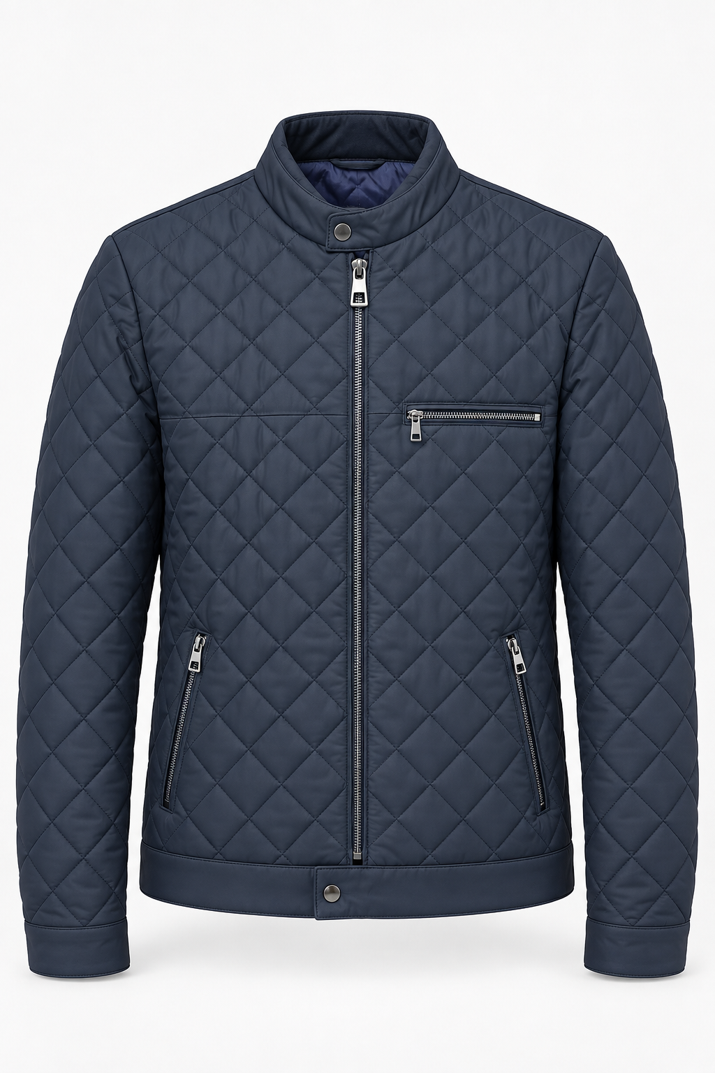 Men's Quilted Genuine Leather Jacket Navy Blue