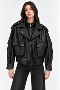 Basics&More Kadın Hakiki Deri Oversize Biker Siyah Ceket Cep Detaylı Kısa Model