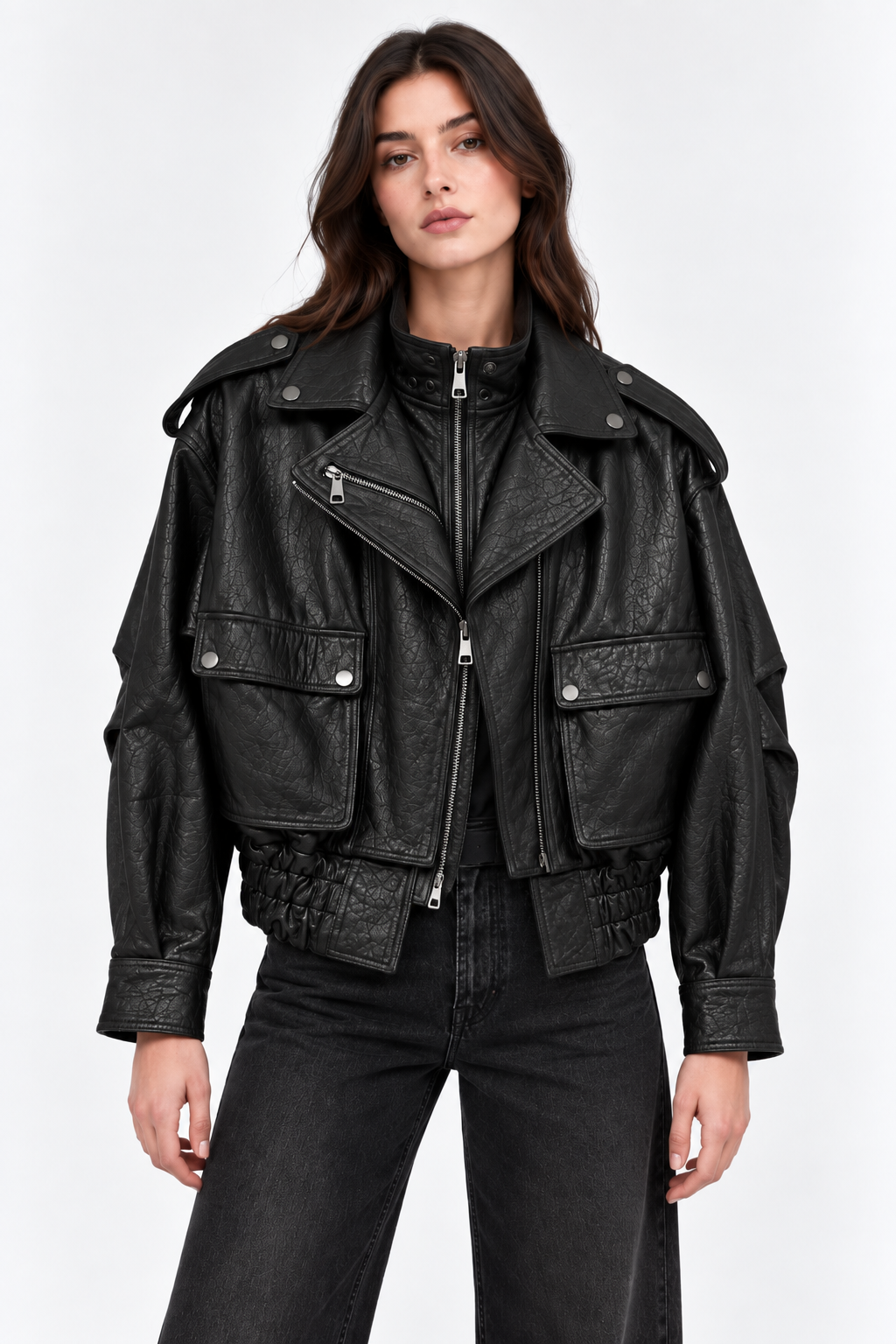 Basics&More Kadın Hakiki Deri Oversize Biker Siyah Ceket Cep Detaylı Kısa Model