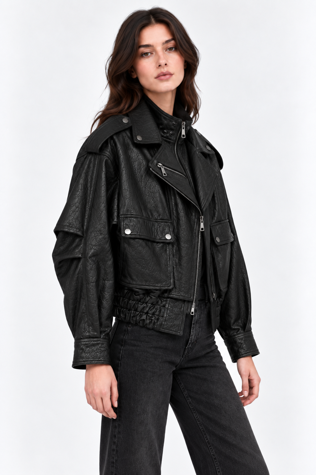 Basics&More Kadın Hakiki Deri Oversize Biker Siyah Ceket Cep Detaylı Kısa Model