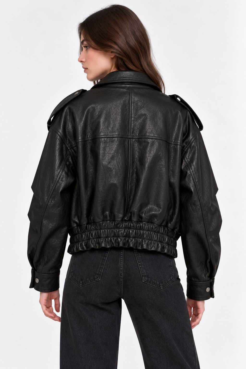 Basics&More Kadın Hakiki Deri Oversize Biker Siyah Ceket Cep Detaylı Kısa Model
