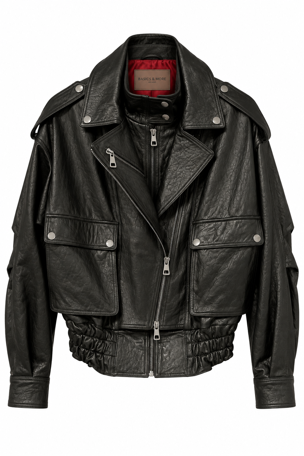 Basics&More Kadın Hakiki Deri Oversize Biker Siyah Ceket Cep Detaylı Kısa Model