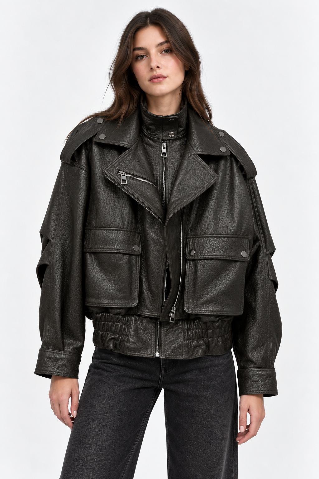 Basics&More Kadın Hakiki Deri Oversize Biker Kahve Ceket Cep Detaylı Kısa Model