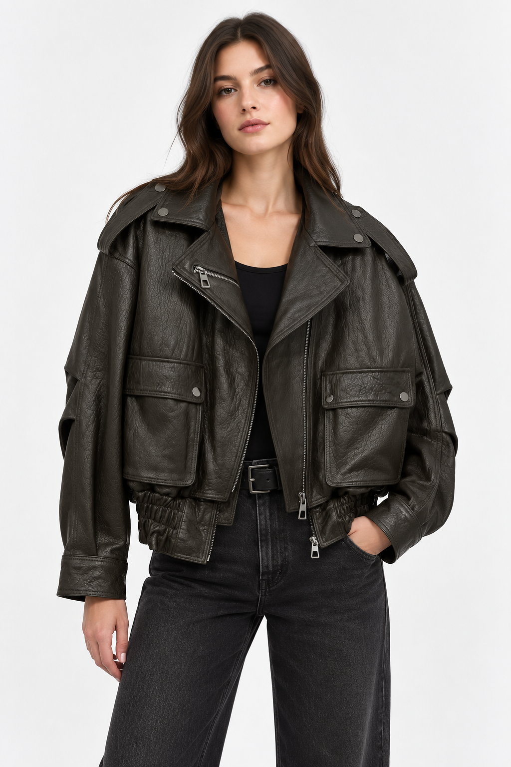 Basics&More Kadın Hakiki Deri Oversize Biker Kahve Ceket Cep Detaylı Kısa Model