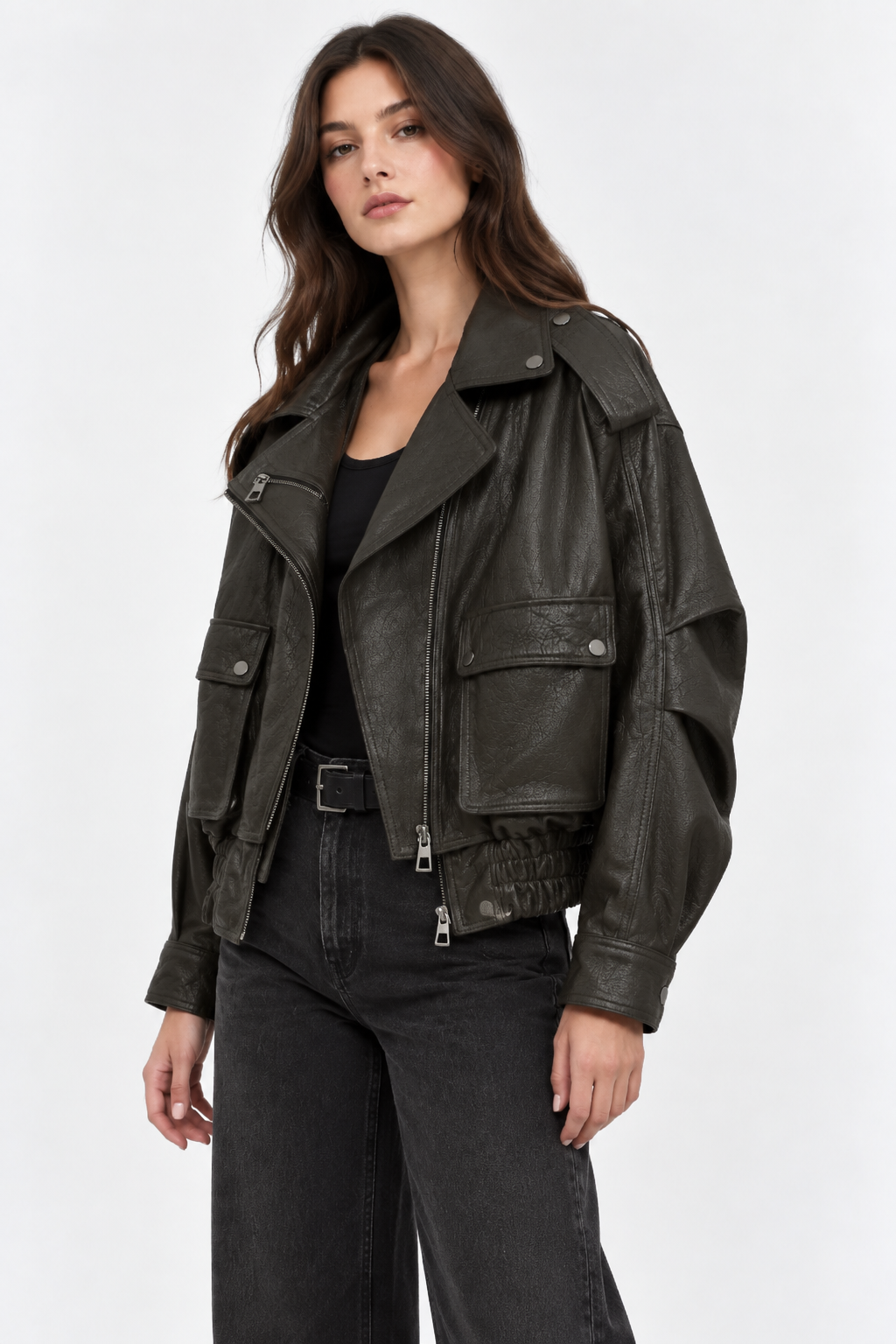 Basics&More Kadın Hakiki Deri Oversize Biker Kahve Ceket Cep Detaylı Kısa Model