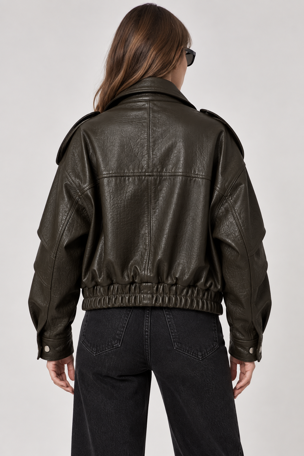 Basics&More Kadın Hakiki Deri Oversize Biker Kahve Ceket Cep Detaylı Kısa Model