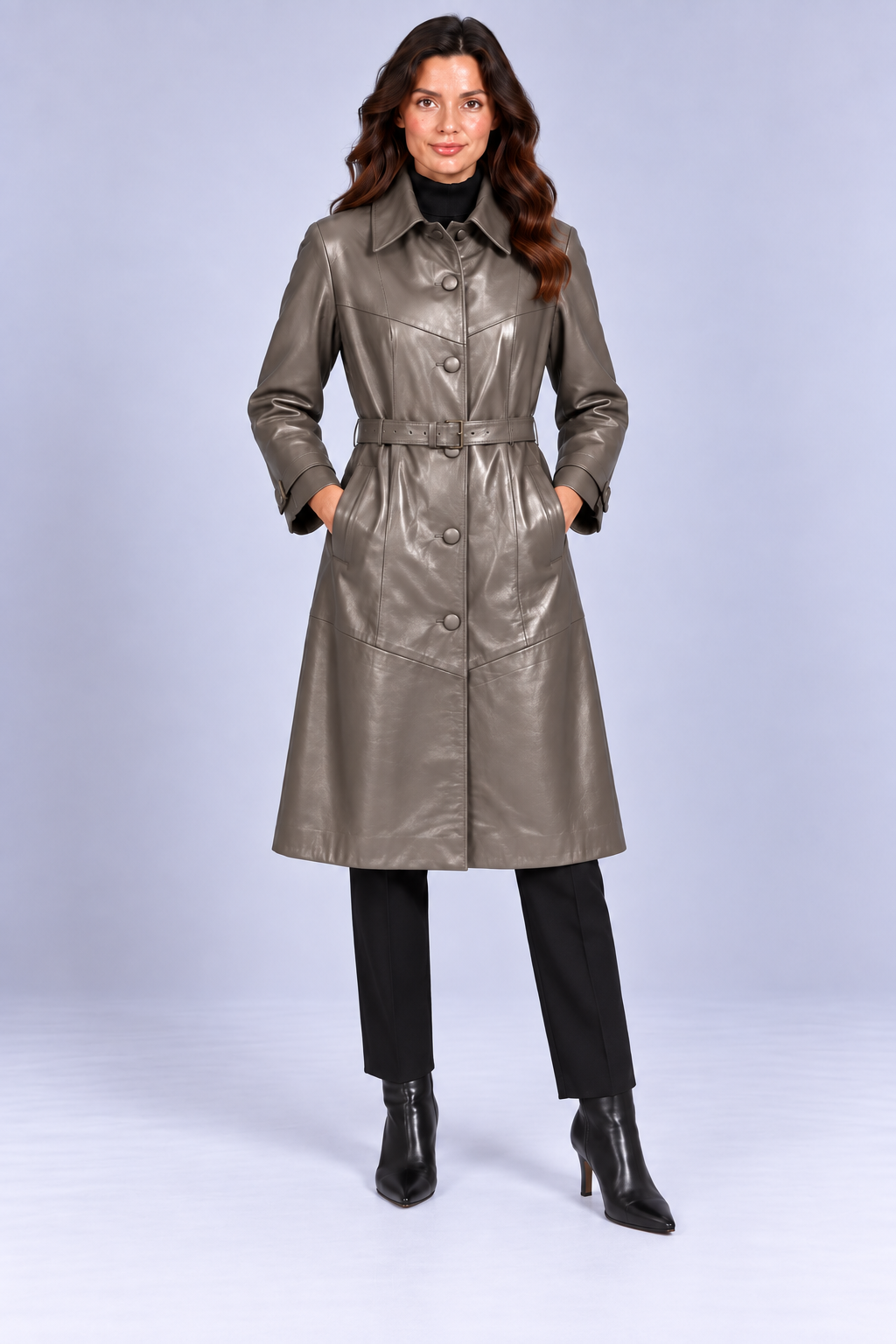 Basics&More Kadın Hakiki Deri Uzun Kaban Vizon Kemerli Düğmeli Yan Fermuar Detaylı