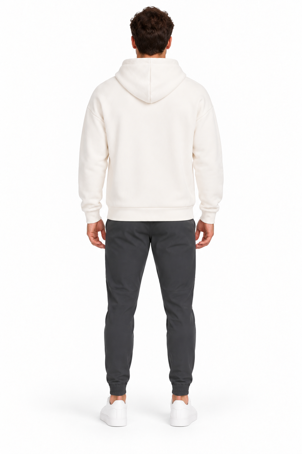 Ekru erkek kapüşonlu sweatshirt – model üzerinde arka görünüm