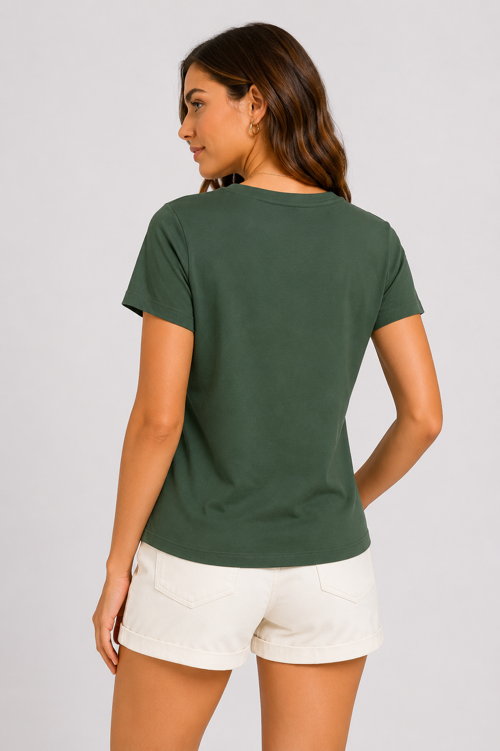 Kadın T-Shirt V Yaka Haki – arkadan görünüm