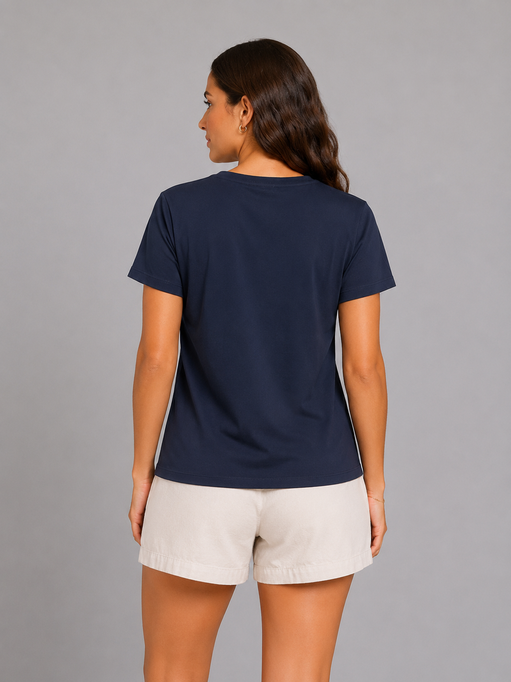 Kadın T-Shirt V Yaka Lacivert – arkadan görünüm