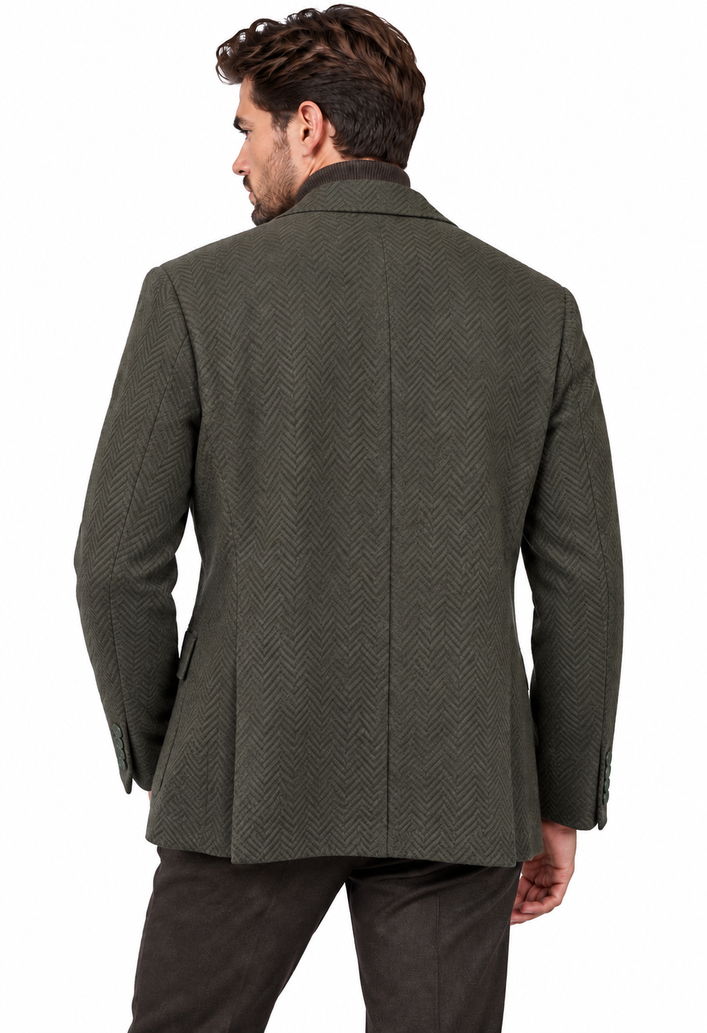 Haki erkek balıksırtı desenli dokulu blazer ceket, manken üzerinde arka görünüm