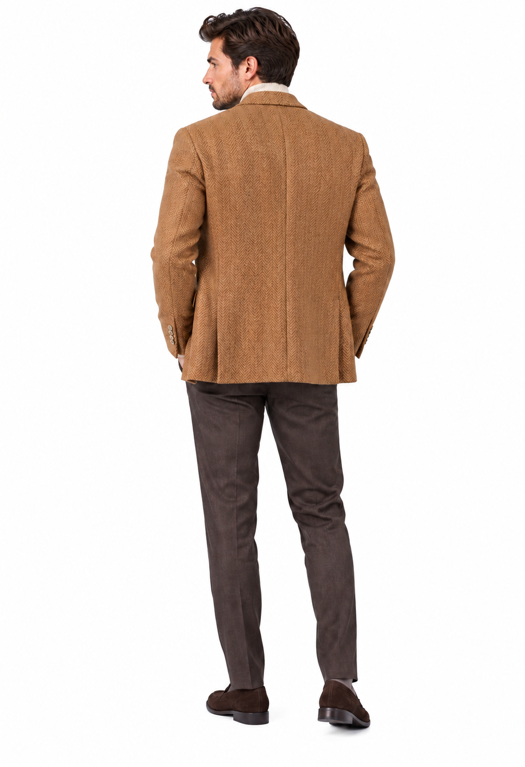 Taba erkek balıksırtı desenli dokulu blazer ceket, manken üzerinde arka görünüm