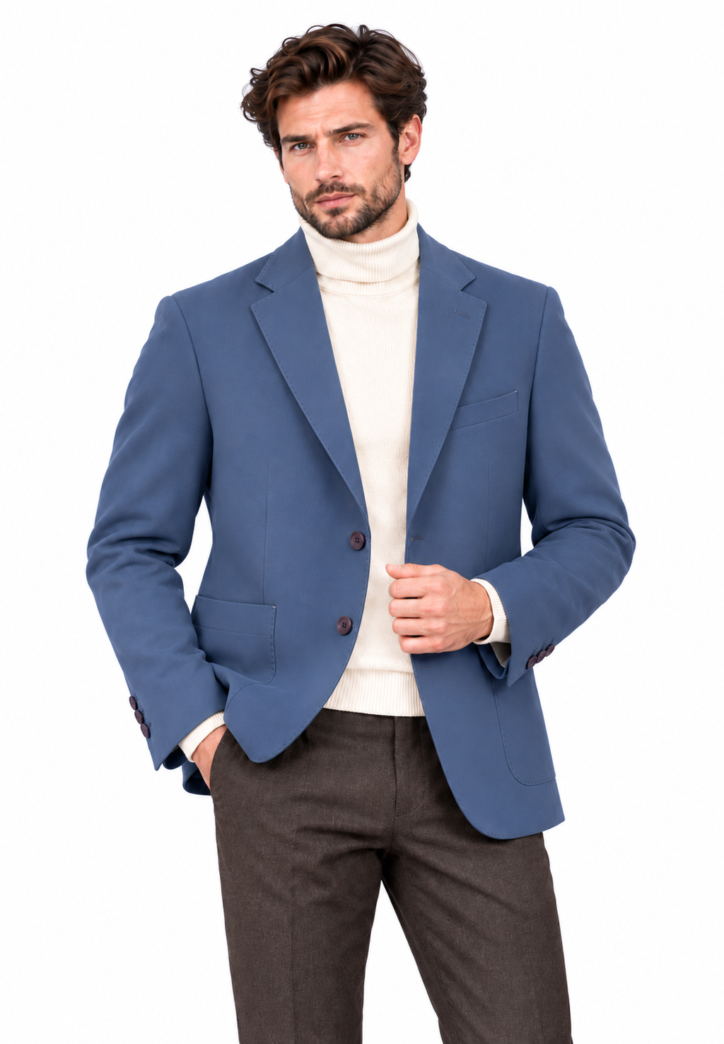 İndigo erkek blazer ceket, klasik çentik yaka, manken üzerinde ön görünüm