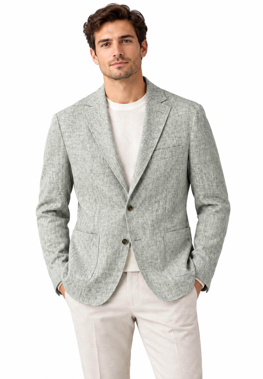 Açık Yeşil erkek dokulu kumaş rahat kesim blazer ceket, manken üzerinde ön görünüm