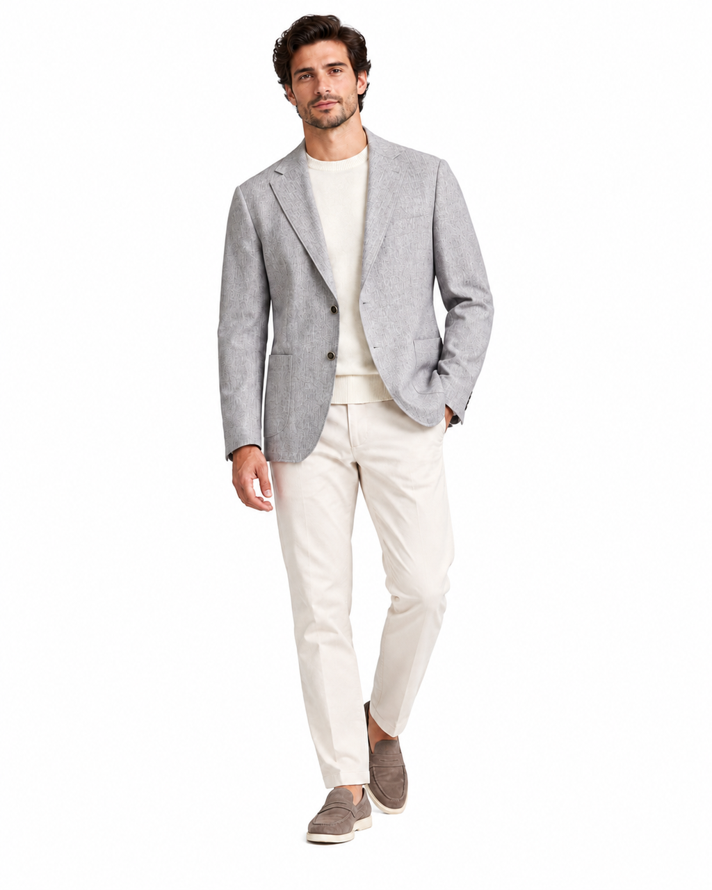Gri erkek dokulu kumaş rahat kesim blazer ceket, manken üzerinde tam boy ön görünüm