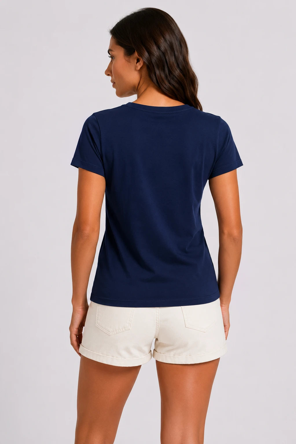 Kadın T-Shirt Açık Yaka Lacivert, arkadan görünüm