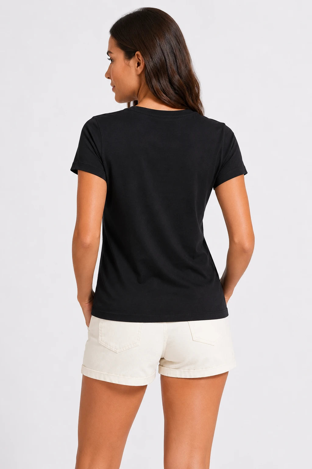 Kadın T-Shirt Açık Yaka Siyah, arkadan görünüm