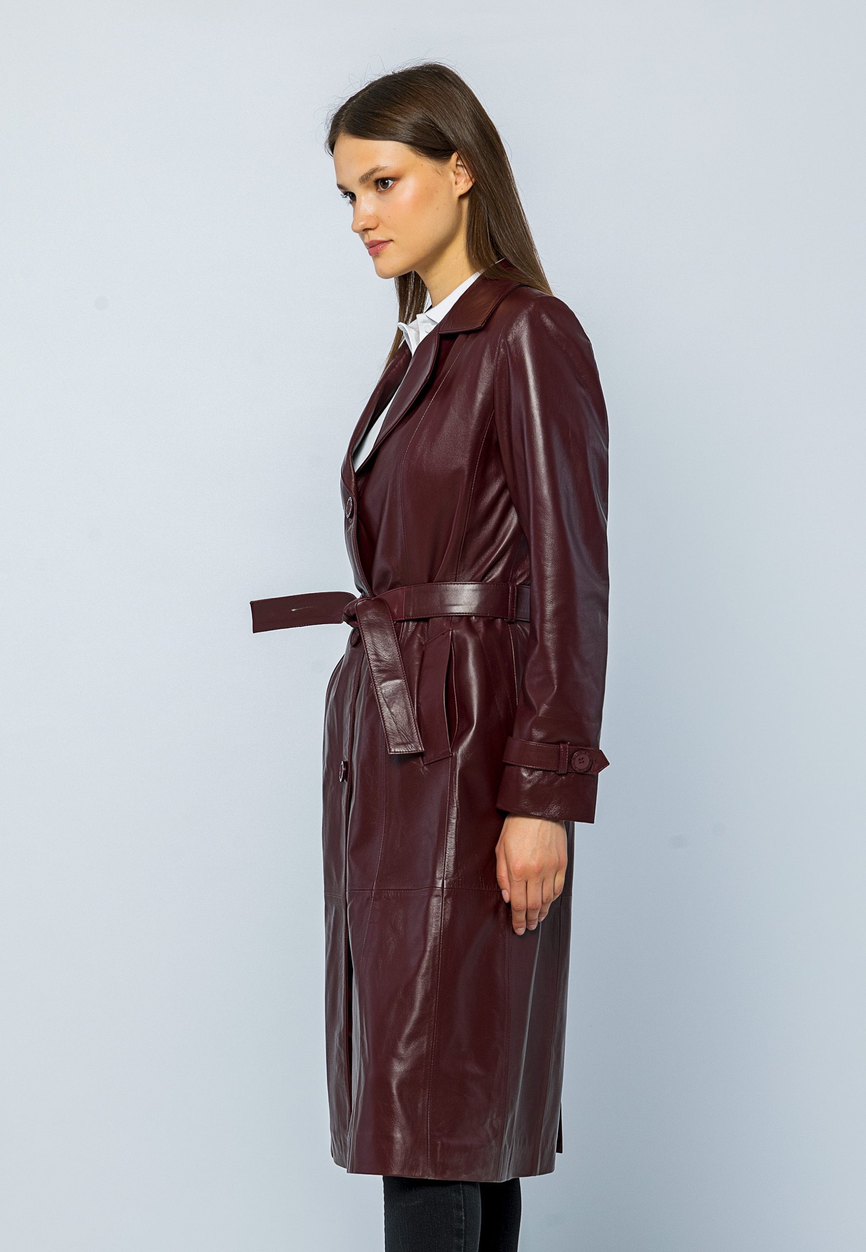 Basics&More Women's Damson Long Trench Leather Jacket - Basics&More