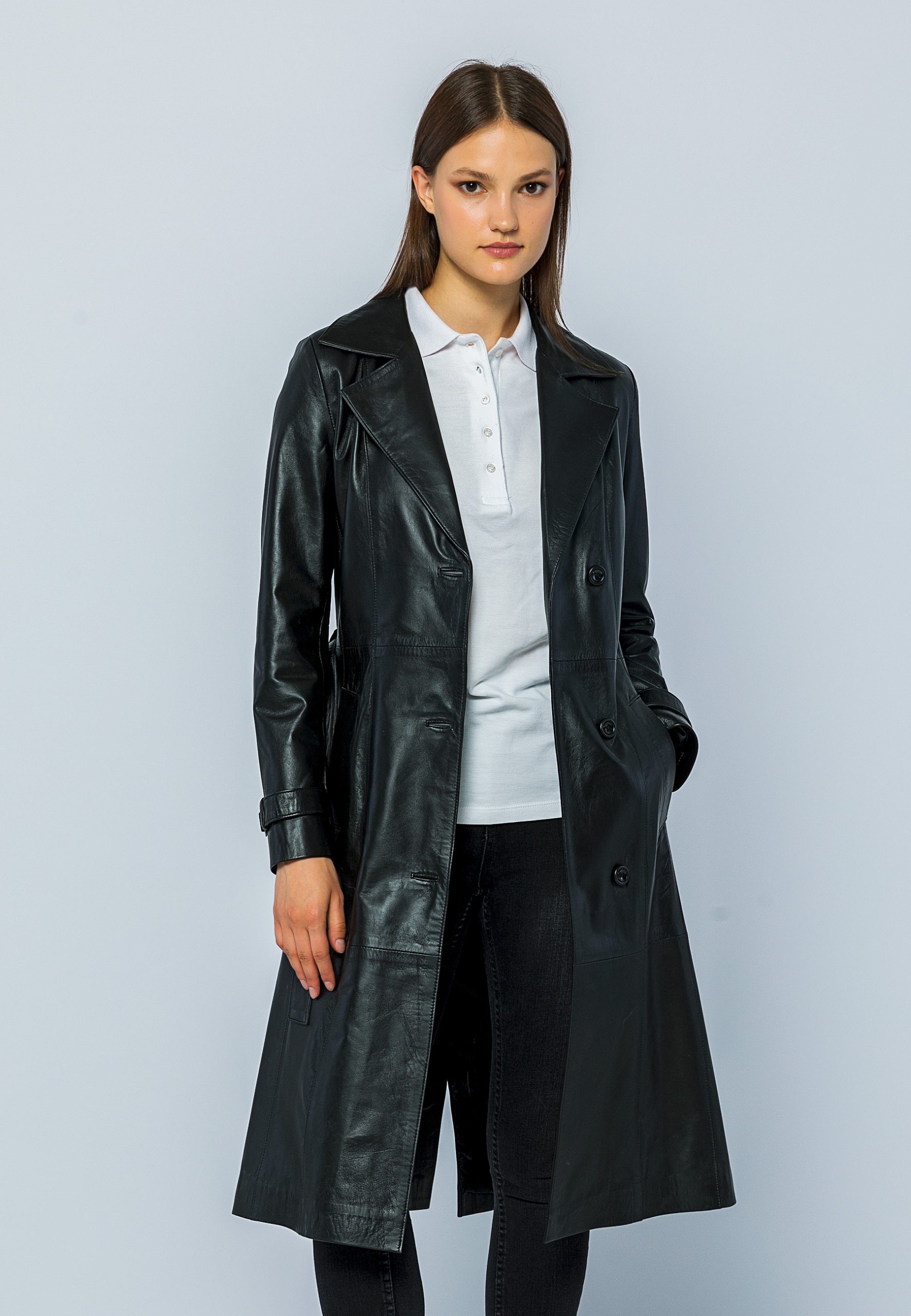 Basics&More Women's Black Long Trench Leather Jacket - Basics&More