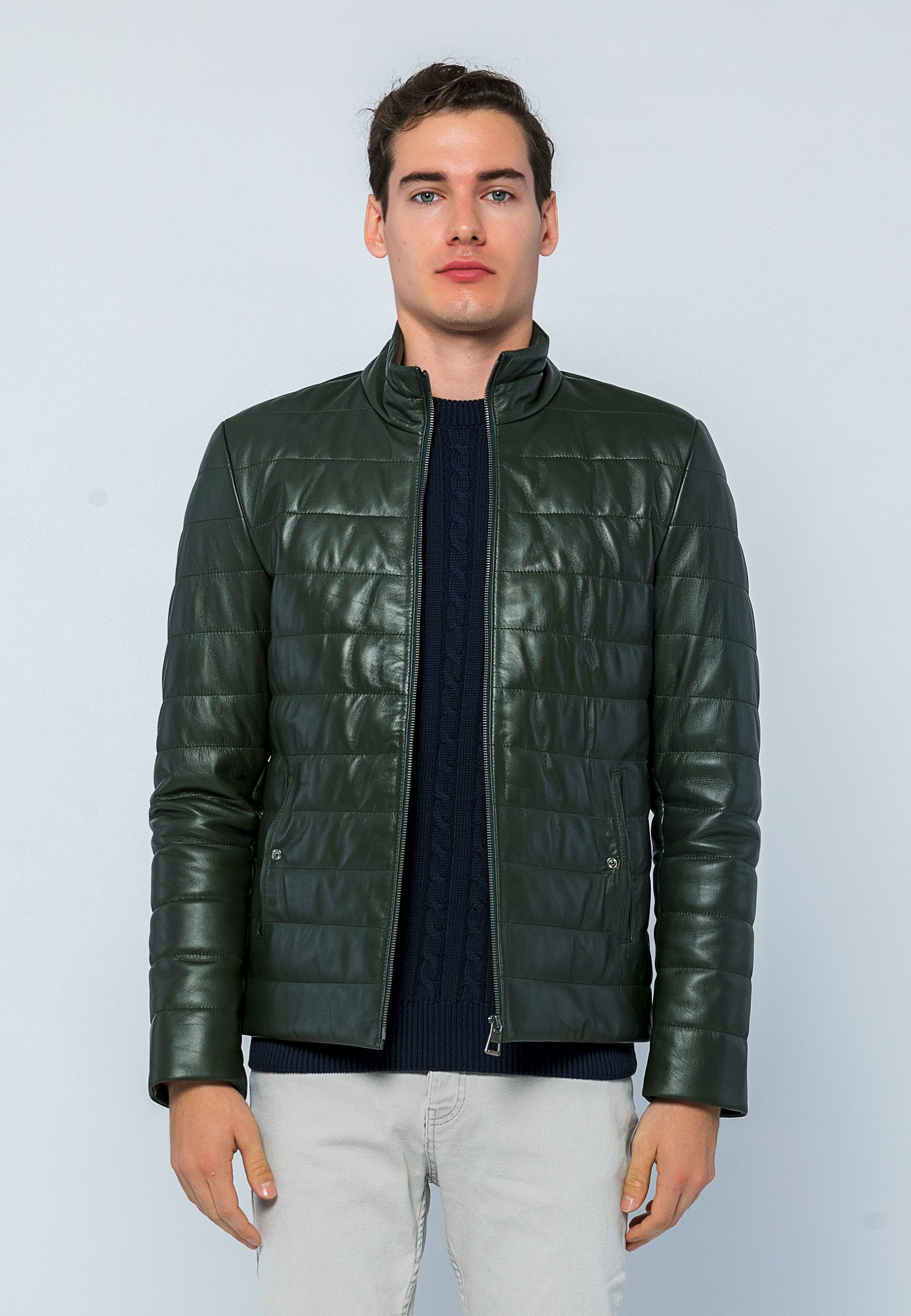 Basics&More Men's Dark Green Leather Jacket - Basics&More